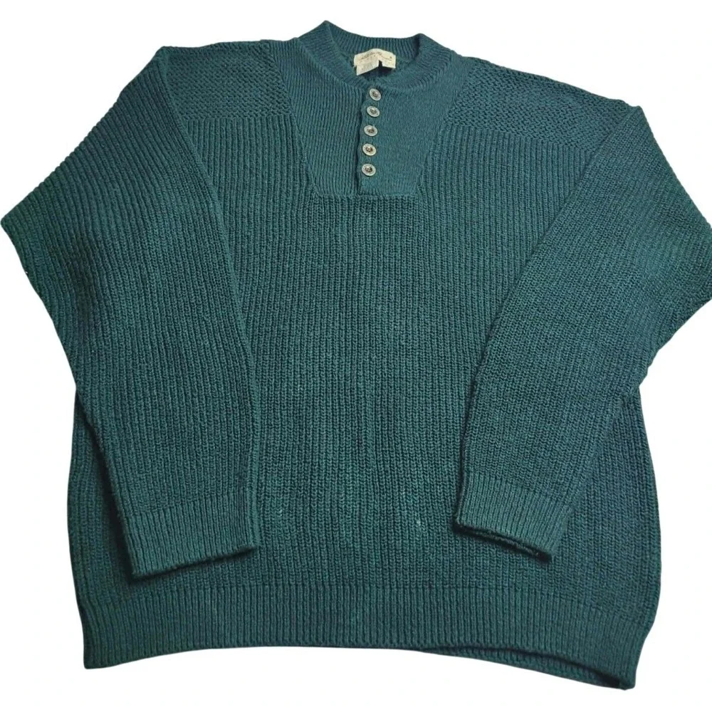 Vintage Eddie Bauer Sweater Mens XL Green Henley Fishermen Made In USA 90s